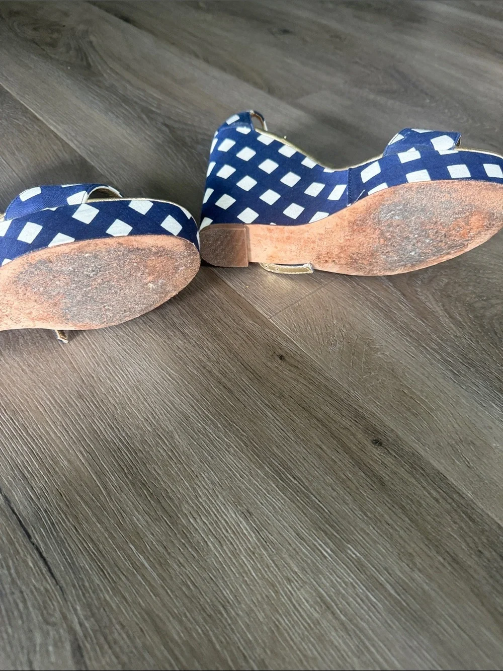 kate spade Navy and White Diamond-Print Wedge Sandals